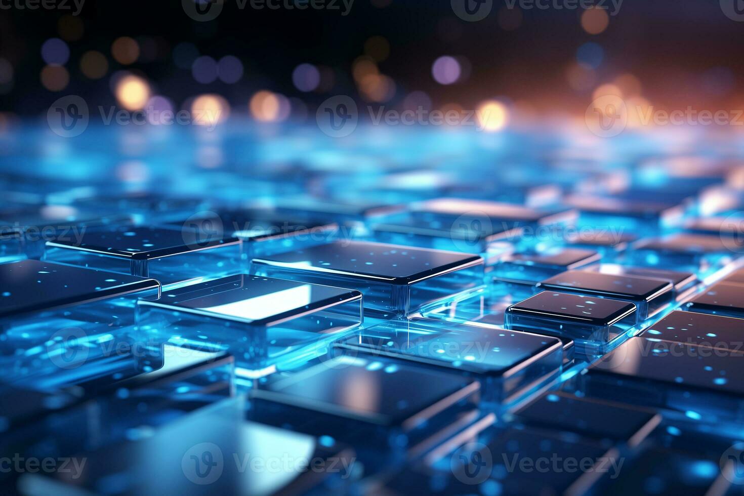 AI generated Abstract 3d rendering of chaotic cubes. Futuristic background with glowing cubes. AI Generation. photo