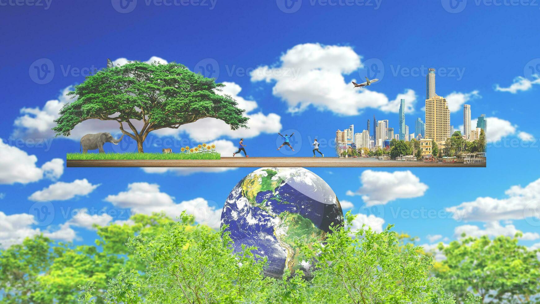 Carbon Neutral and ESG Concepts Carbon Emissions Clean Energy Globe Balance between Sustainable Resource Forests Caring for the Environment and Polluted Cities photo