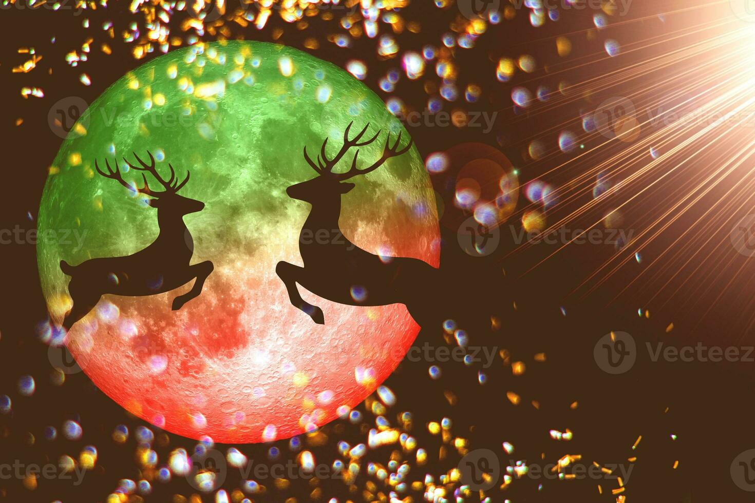background for christmas Reindeer running in the sky with the moon on a black background photo