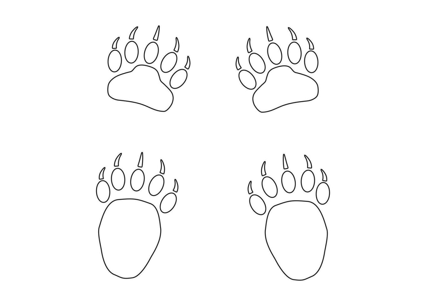 Bear or panda paw footprints with claws. Contour. 4 paws. Black vector illustration isolated on white background. Grizzly wild animal paw print icon and symbol. Print, textile, booklet, pet store