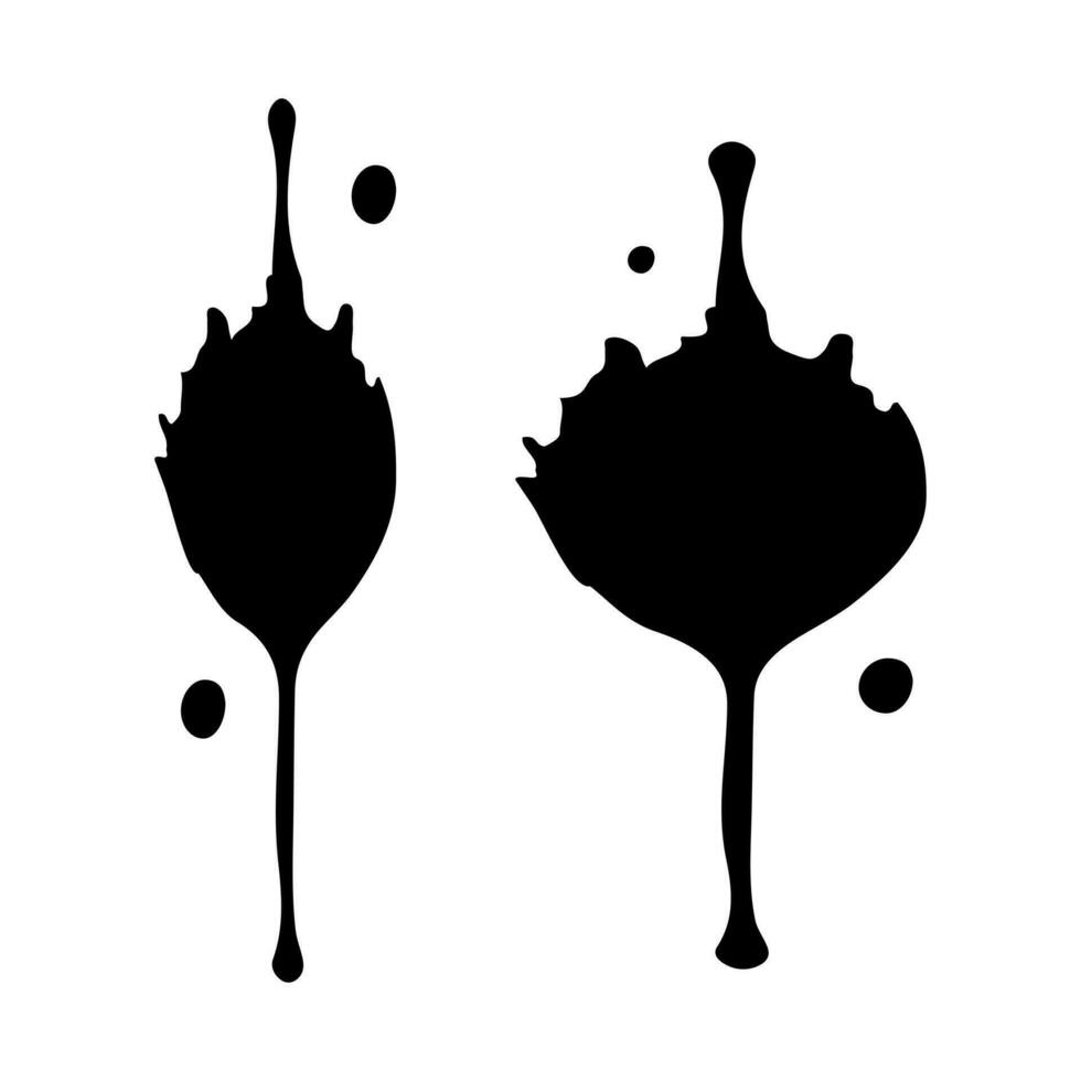 Ink blot. Abstract stain with drops and splashes. Black paint splatter. Vector illustration isolated on a white background. Liquid dirty inkblot. Grunge style. Design element.