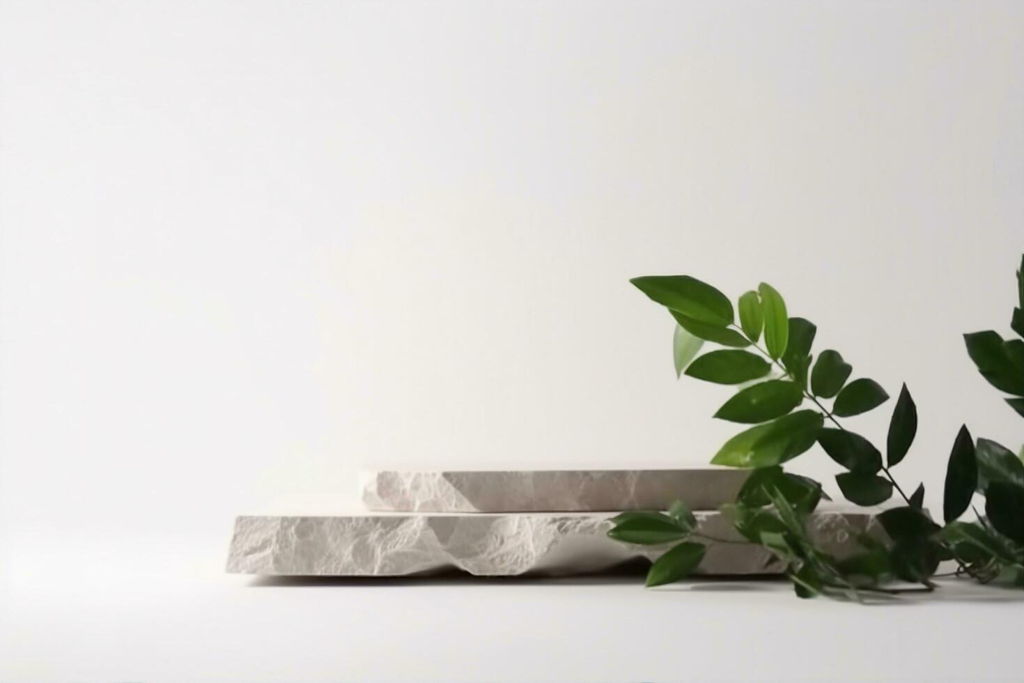 AI generated nature stone podium, plant on white background for product,stylish showcase ,mock up for exhibition, presentation of goods ,Exhibition, display podium photo