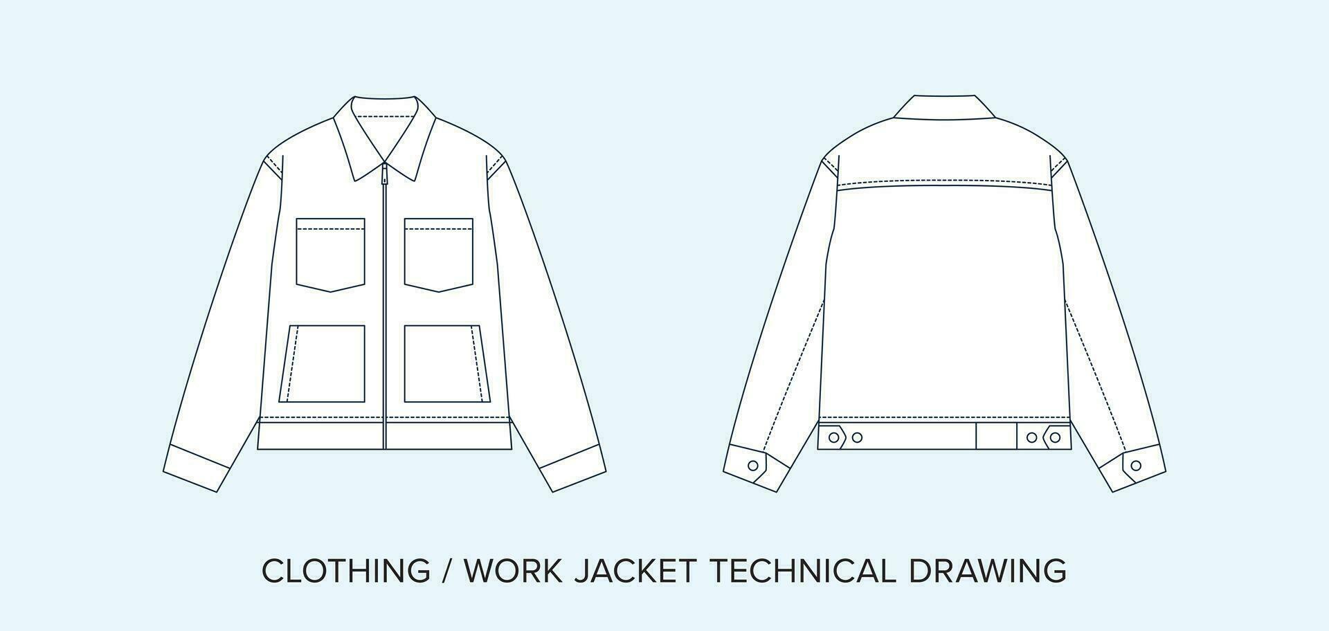 trabajo chaqueta con bolsillos, técnico dibujo, vestir Plano para Moda diseñadores vector