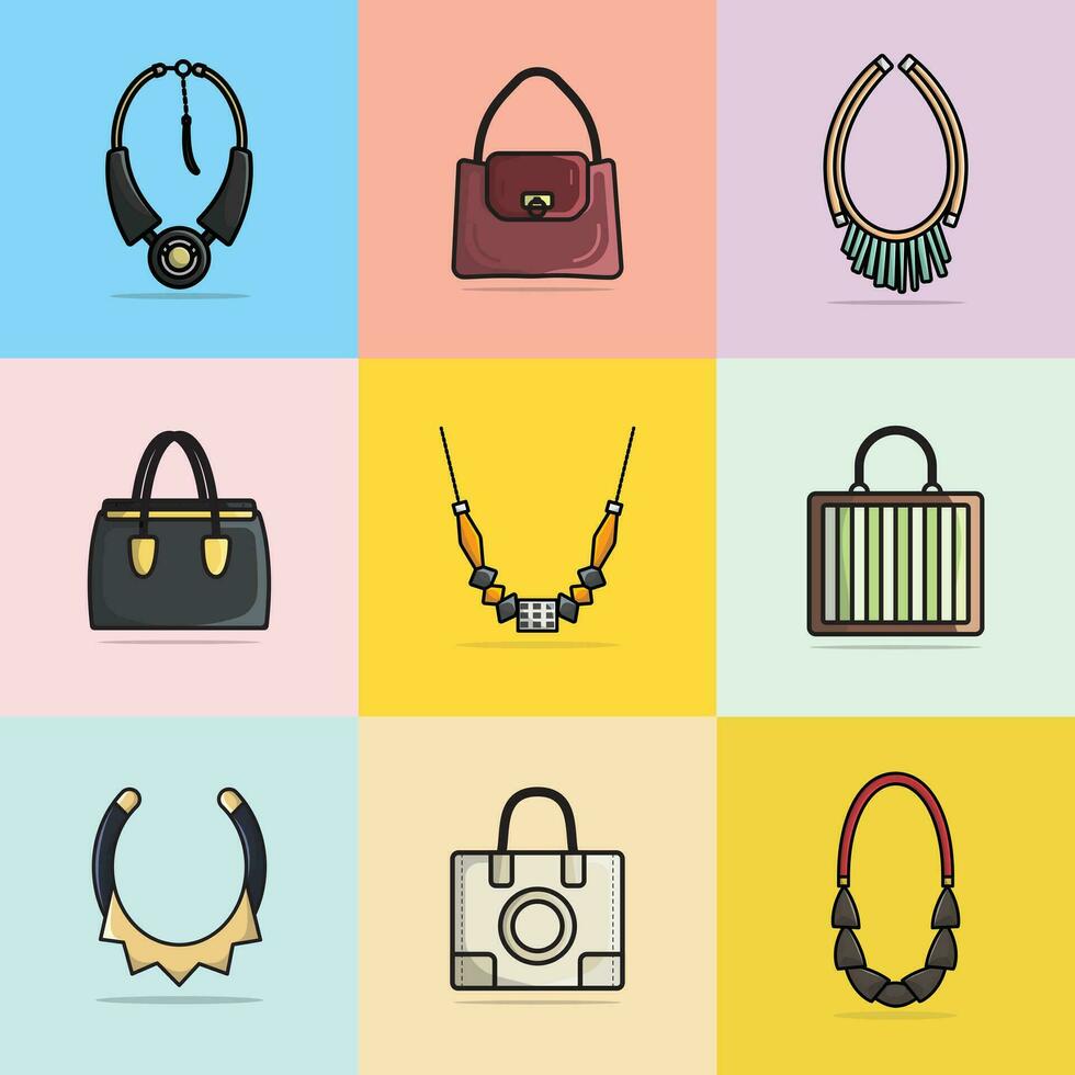 conjunto de elegante carteras y hermosa collares diseño vector ilustración. belleza Moda objetos icono concepto. conjunto de mujer Moda diseño joyería accesorios vector diseño.