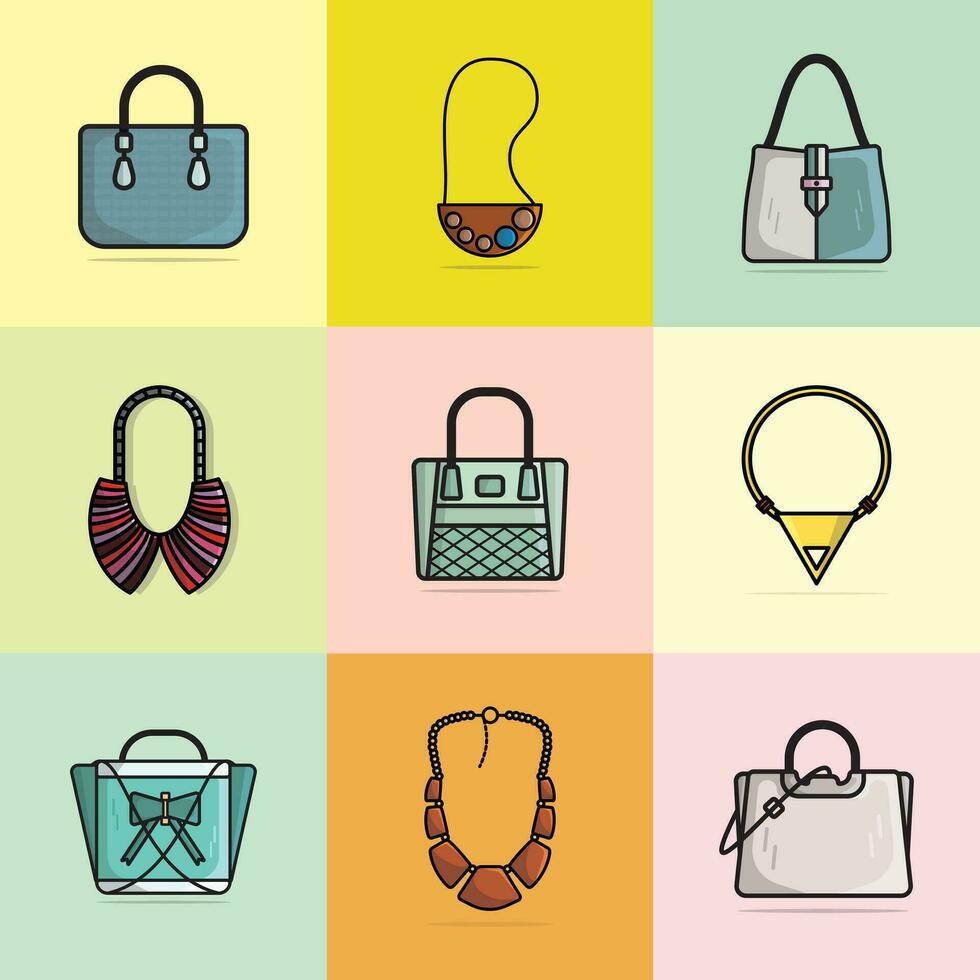 colección de señoras carteras y elegante señoras collares para Moda vector ilustración. belleza Moda objetos icono concepto. conjunto de de moda mujer Moda joyería accesorios vector diseño.