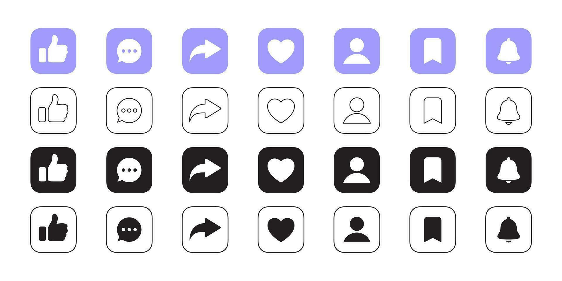 Like, comment, share, repost. Social media interface icons flat and linear style. Vector scalable graphics