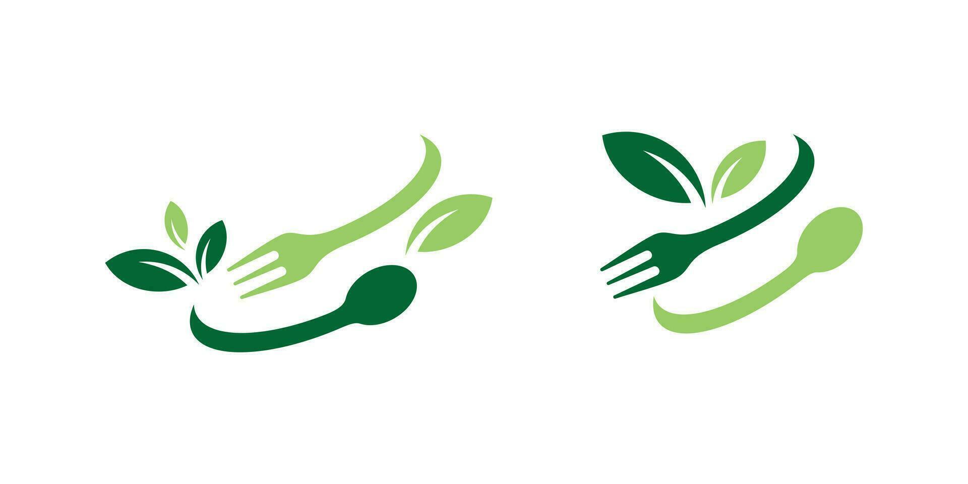 logo design combination of spoon and fork shapes with leaves, healthy food logo. vector