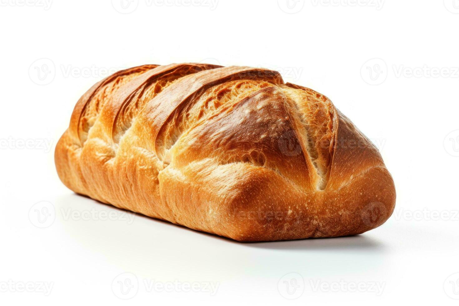 AI generated Bread on a white background. Freshly baked golden brown loaf of bread with a crispy crust. Made from organic whole grain wheat flour. Healthy food. For bakery, food blog, recipe book photo