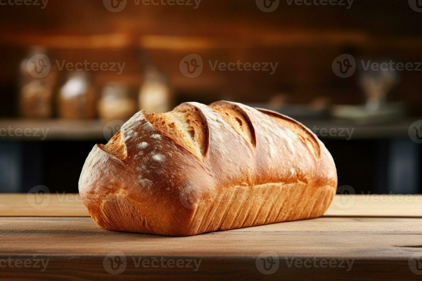 AI generated Bread on wooden table against backdrop of blurred kitchen. Golden brown loaf of bread with crispy crust. Made from organic whole grain wheat flour. For bakery, food blog, recipe book photo