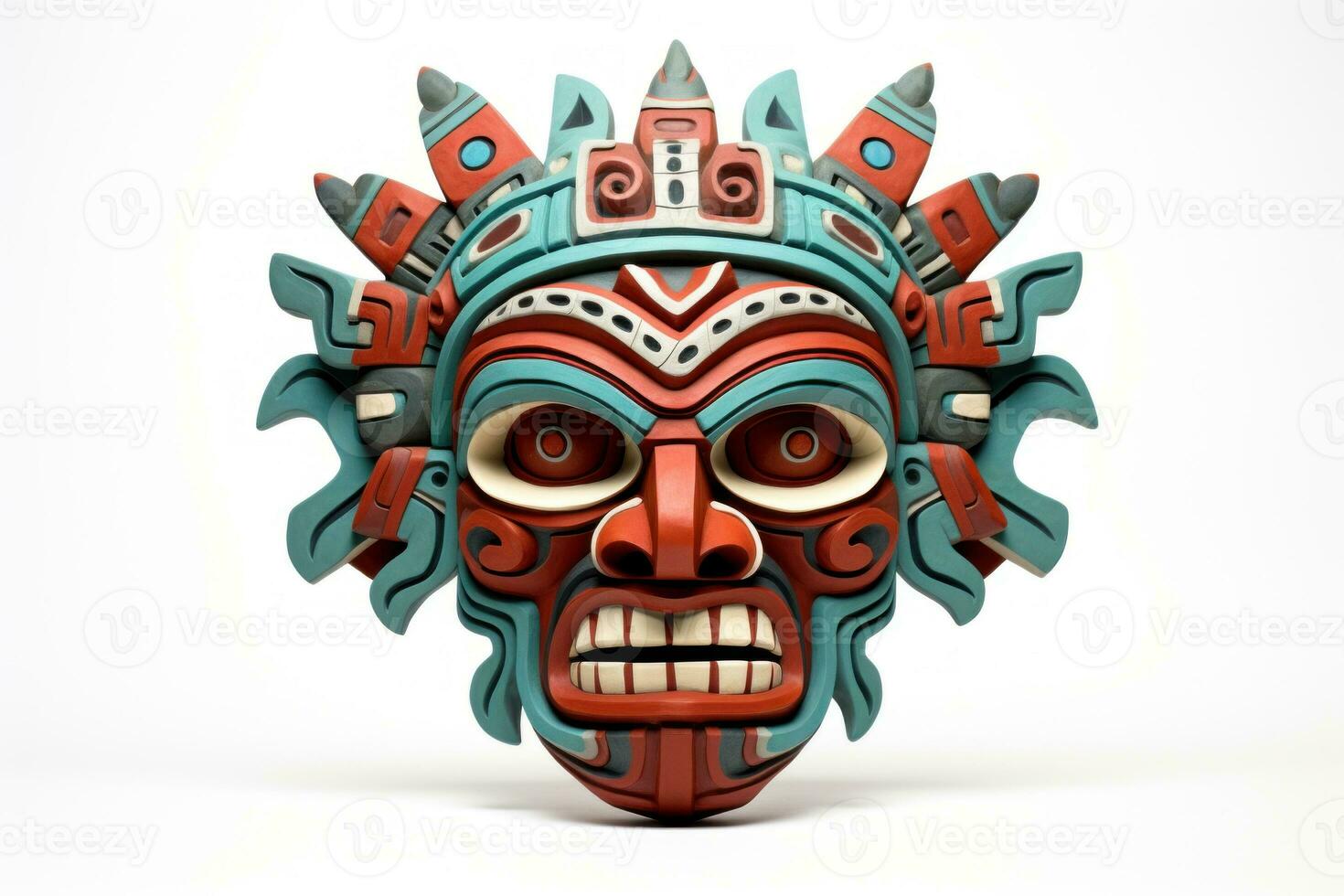 AI generated Carnival mask for the festival. Aztec traditional ceremonial mask on white background. Warrior mask. Tribal totem. Traditions and customs of ancient Aztecs. Travel souvenir. photo
