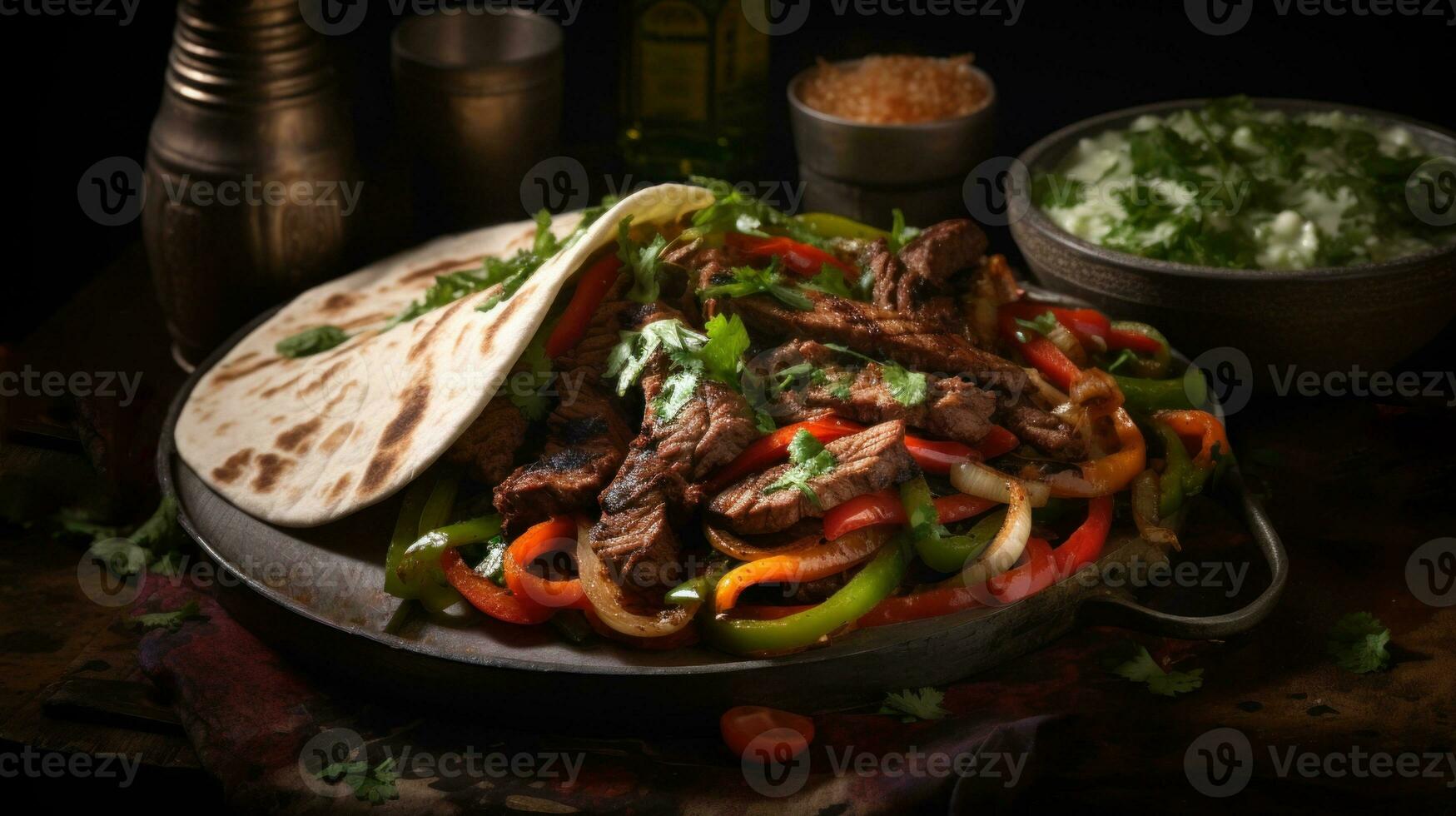 AI generated Fajitas with beef and colorful bell peppers, served in skillet with tortillas. On dark background. Traditional Mexican dish. Grilled meat with vegetables. For food blog, restaurant, menu photo