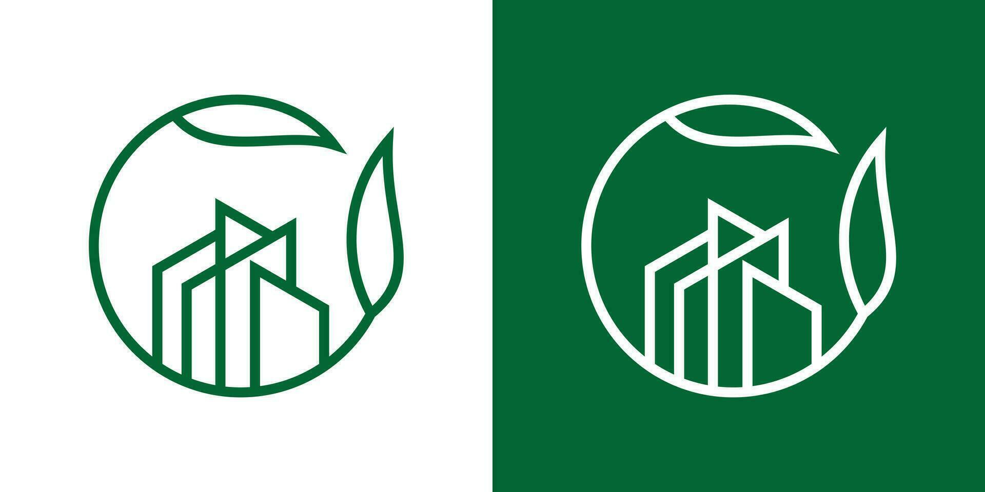 logo design leaf and building minimalist line icon vector illustration