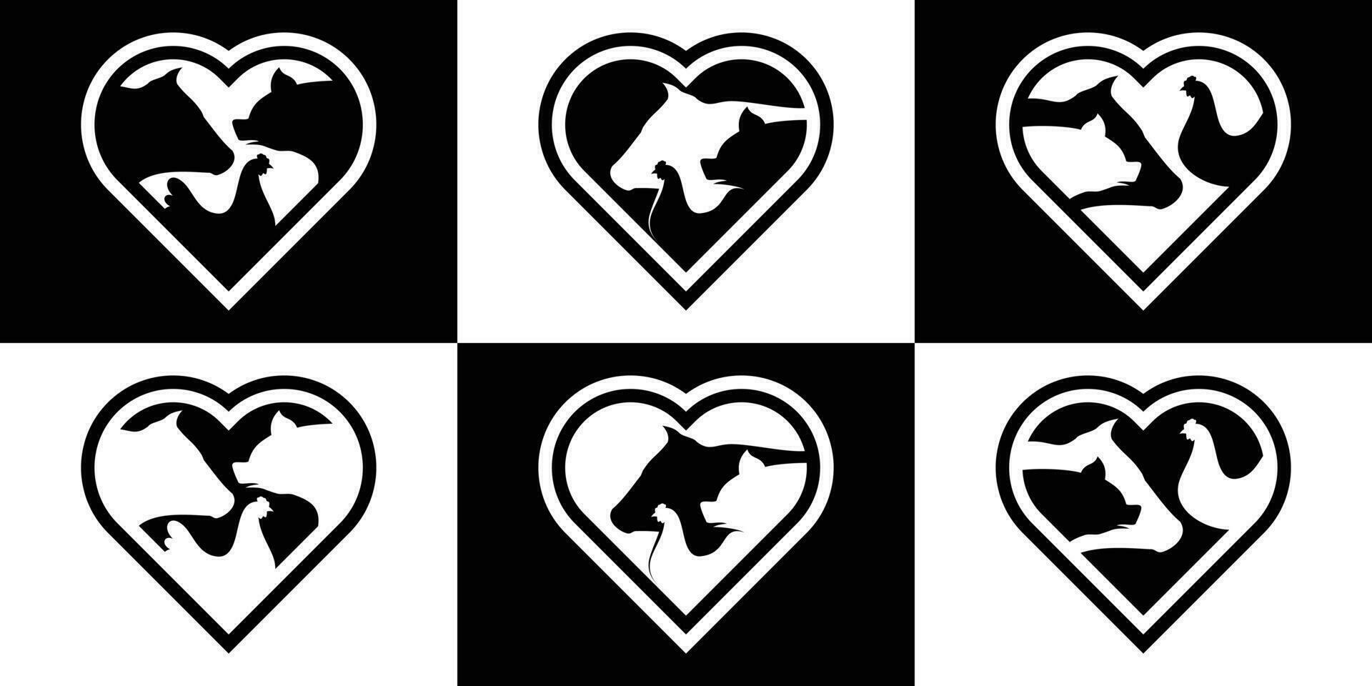 farm logo design set, heart and farm animals design icon vector illustration