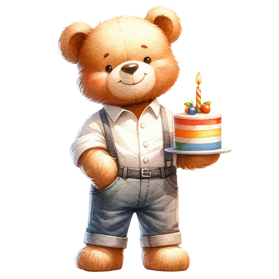 AI generated Cute teddy bear with birthday cake isolated png