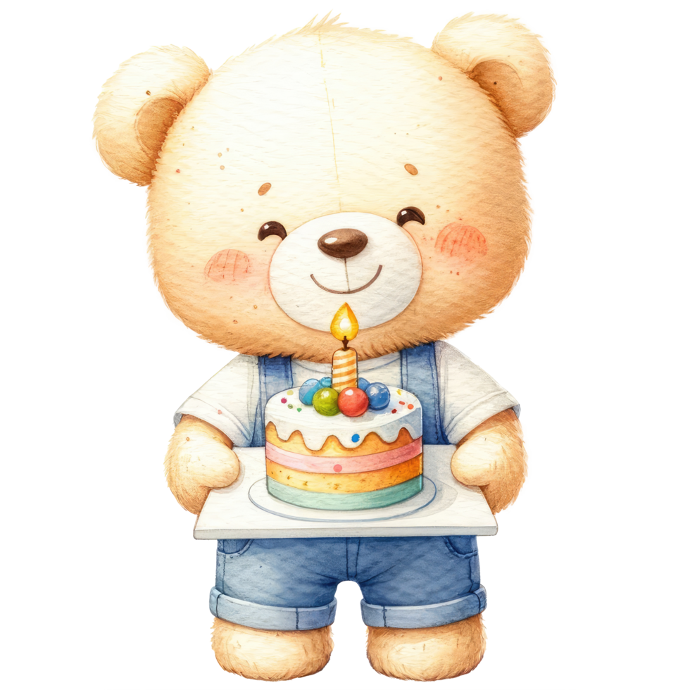 AI generated Cute teddy bear with birthday cake isolated png