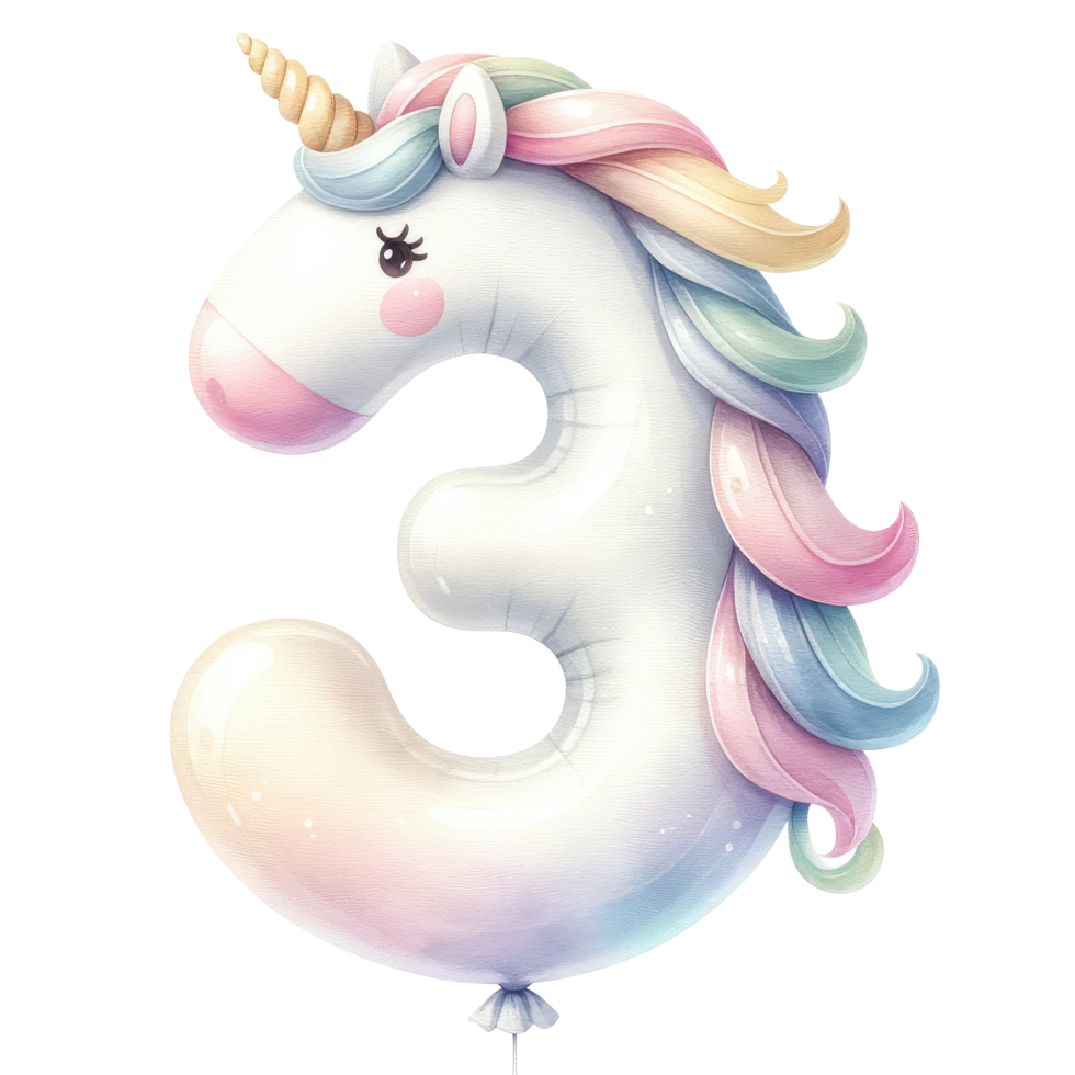 AI generated Number 3 Pastel Unicorn isolate. png