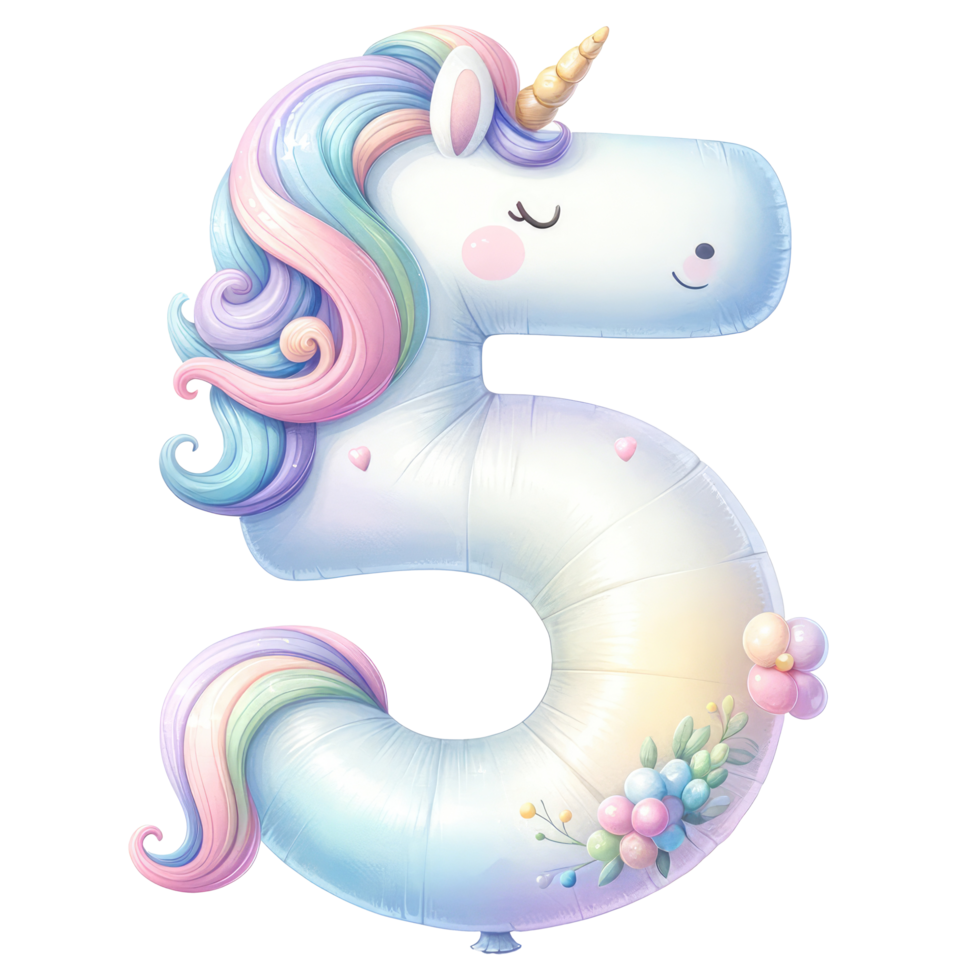 AI generated Number 5 Pastel Unicorn isolate. png