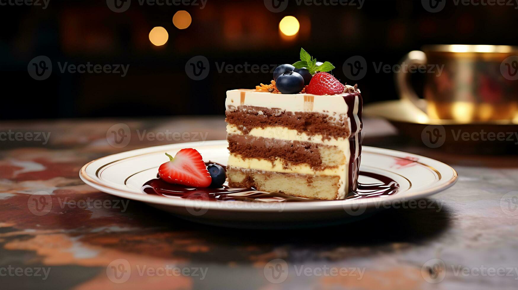 AI generated View of a Food restaurant has a beautiful delicious tiramisu colorful cake on a plate photo