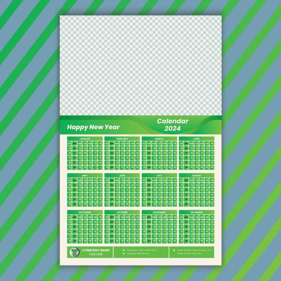 Modern One Page Green Color Wall Calendar 2024 Template Design and Pro Vector Illustration
