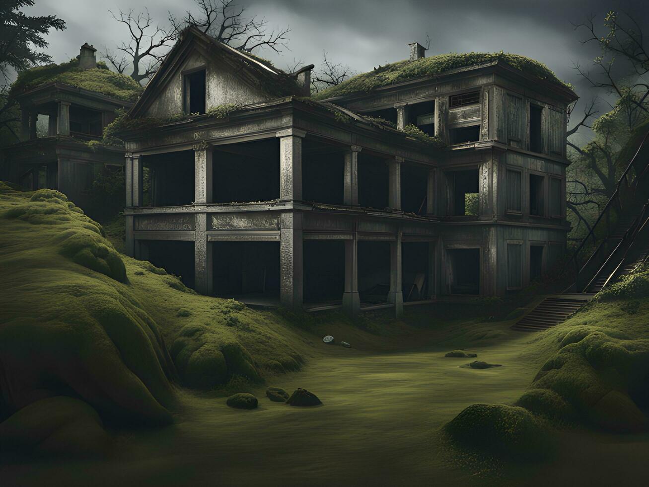 Old abandoned mansion in mystic spooky forest. The ancient haunted house of the crime scene with dark atmosphere and creepy details like in horror movies. Graphic resoursce for scary scene. photo
