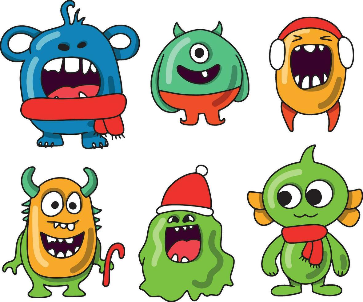 Cartoon happy monsters set. Merry Christmas party invitation card or poster. New year's holiday design. Vector illustration.