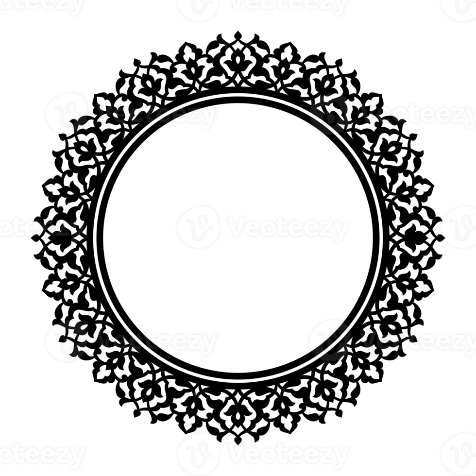 Decorative line art round frame for design template. Elegant PNG element in eastern style with transparent background. Place for text, lace illustration for invitations and greeting cards