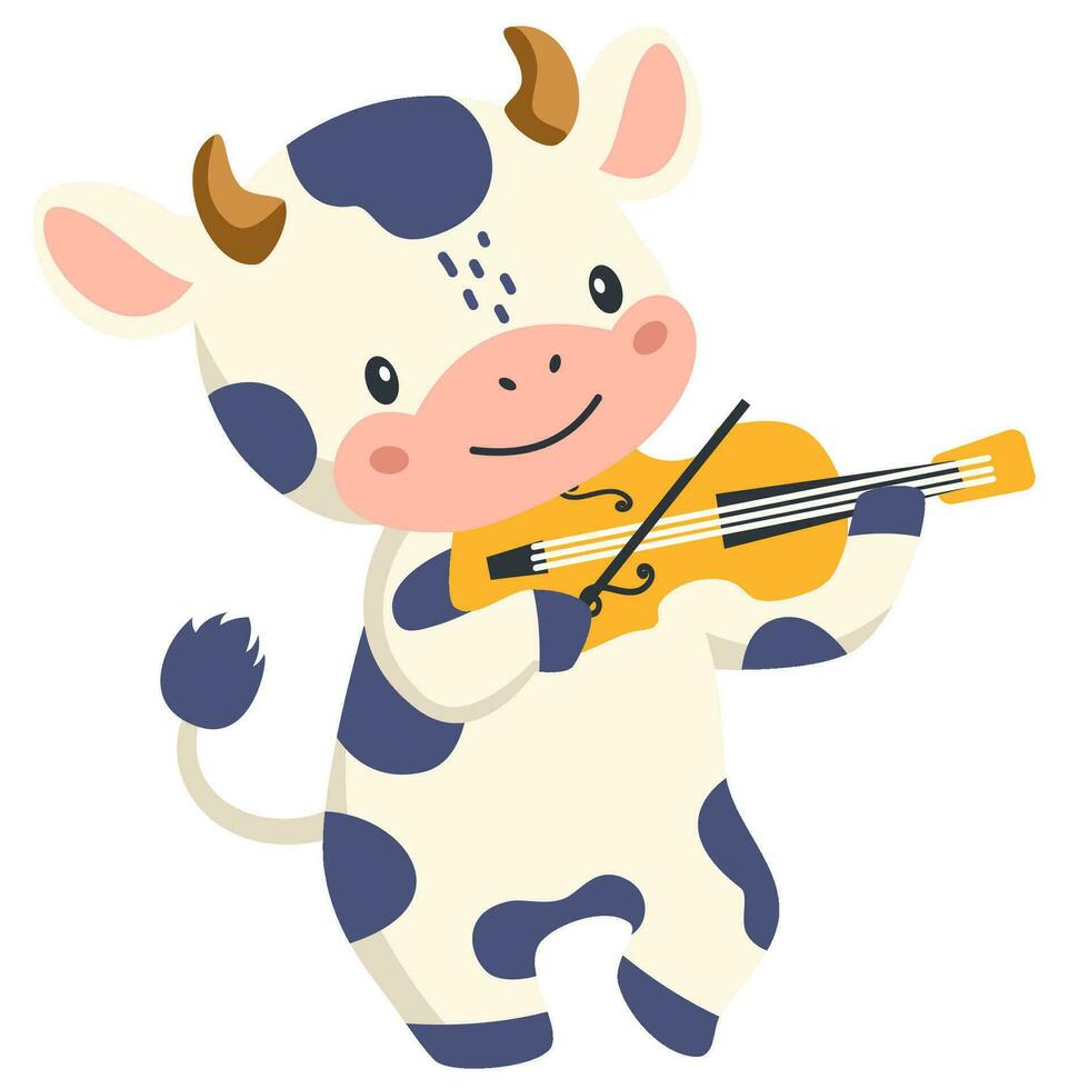Flat vector illustration. Cute bull or cow dancing and playing guitar. Children's illustration on white background