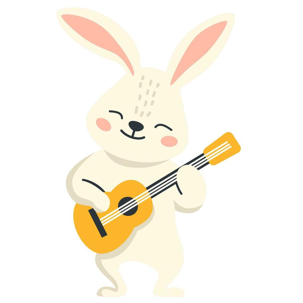 Flat vector illustration. Cute hare or rabbit dancing and playing guitar. Children's illustration on white background