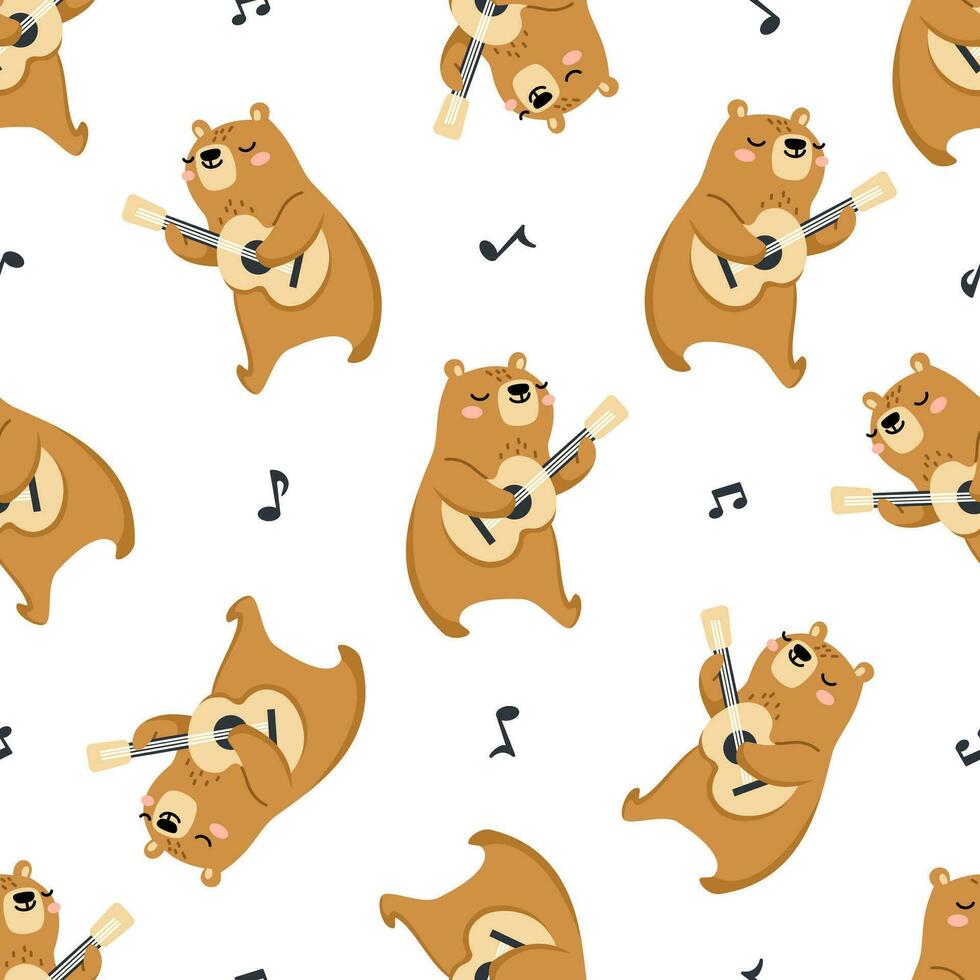Seamless vector pattern on white background. Cute bear playing guitar, notes