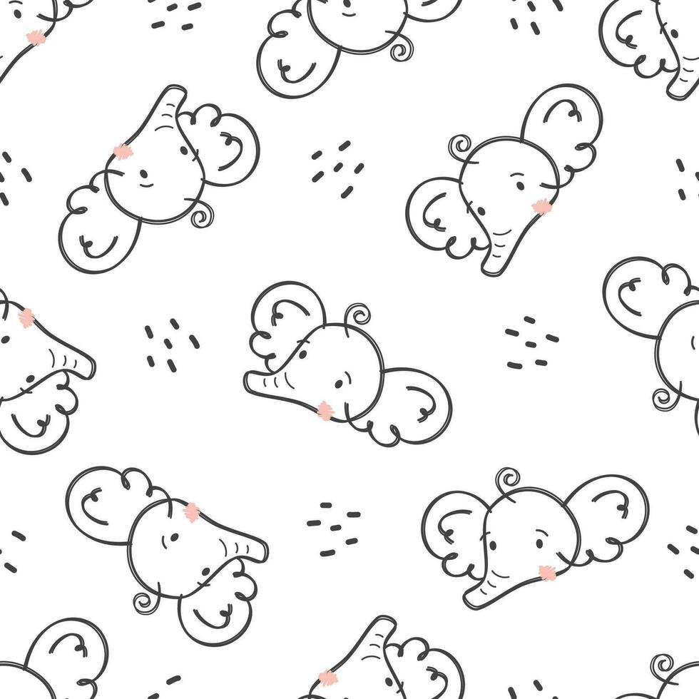 Seamless vector pattern. Cute elephant faces in doodle style. Hand drawn drawing