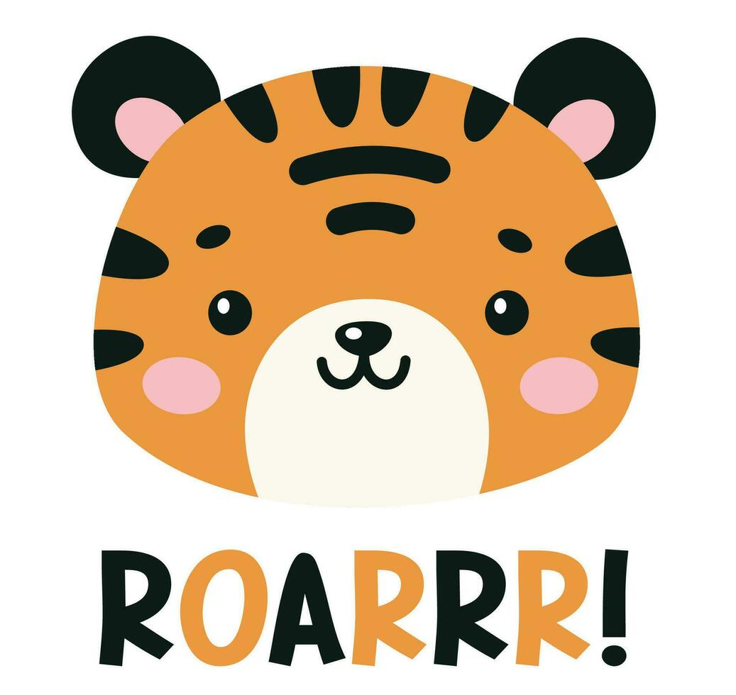 Cute vector illustration, print for printing on childrens products. The muzzle of a cute tiger and the inscription ROAR.