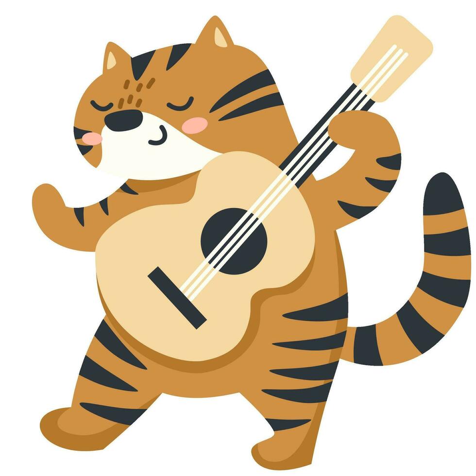 Flat vector illustration. Cute tiger dancing and playing guitar. Children's illustration on white background
