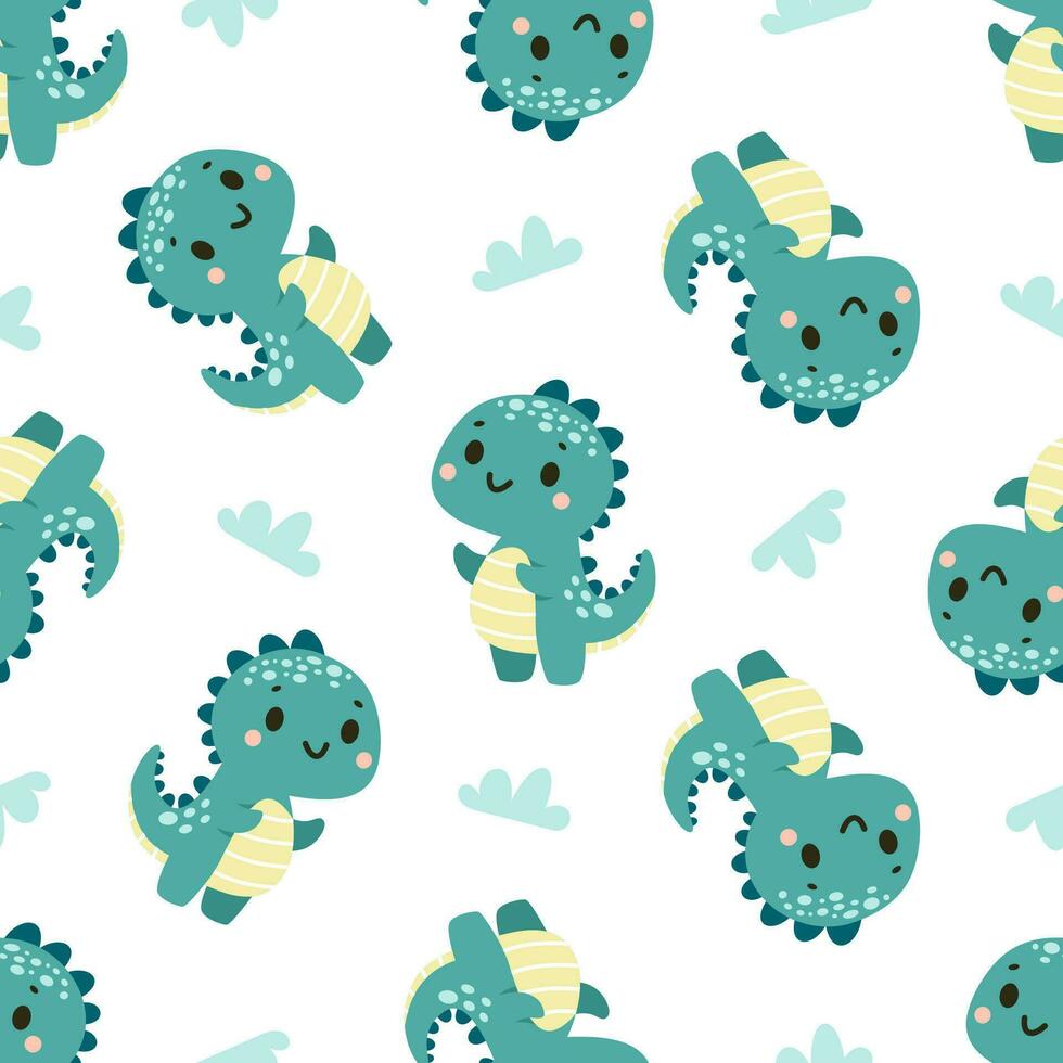 Cute dinosaur and clouds, seamless vector pattern. Flat vector illustration. Pattern with white background for printing on children's products