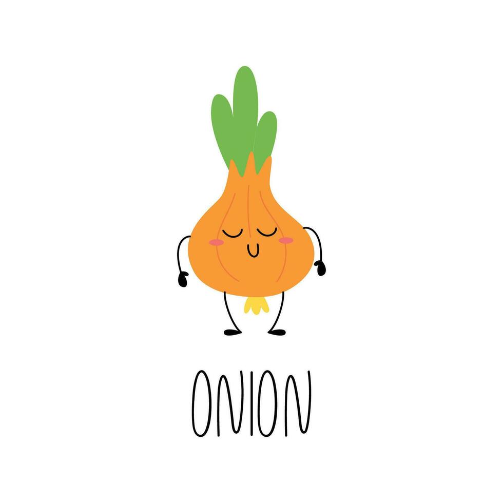 Hand drawn Cute funny onion character for kids. Vegetable card with its name. Vector illustration.