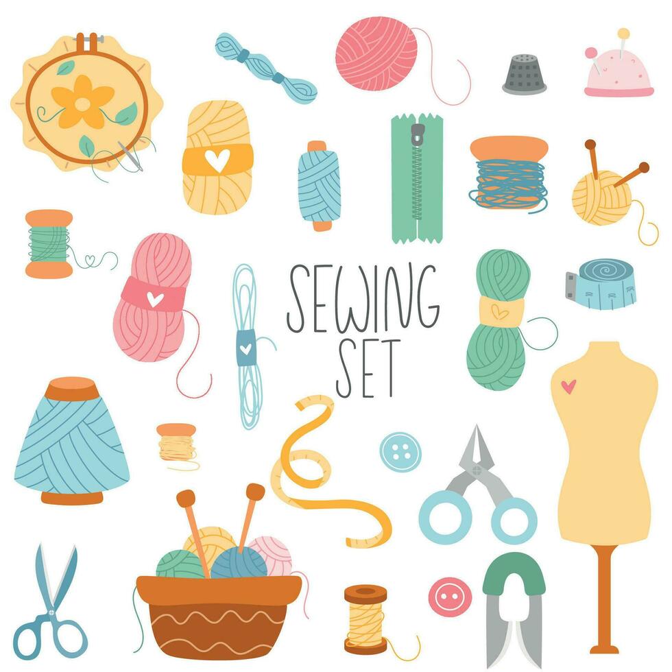 conjunto de herramientas para de coser, costura, tejido de punto. equipo conjunto con tijeras, aro, balde, carretes, hilos, medición, tijeras, maniquí. vector