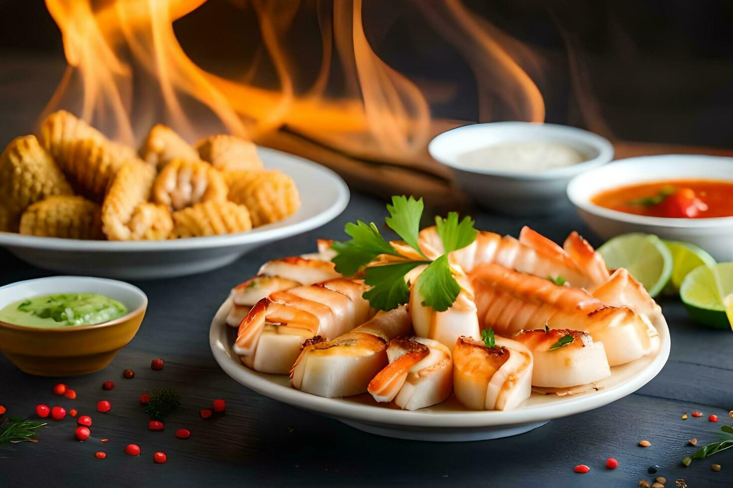 ai generado un plato de camarón y otro comida en un mesa. generado por ai foto