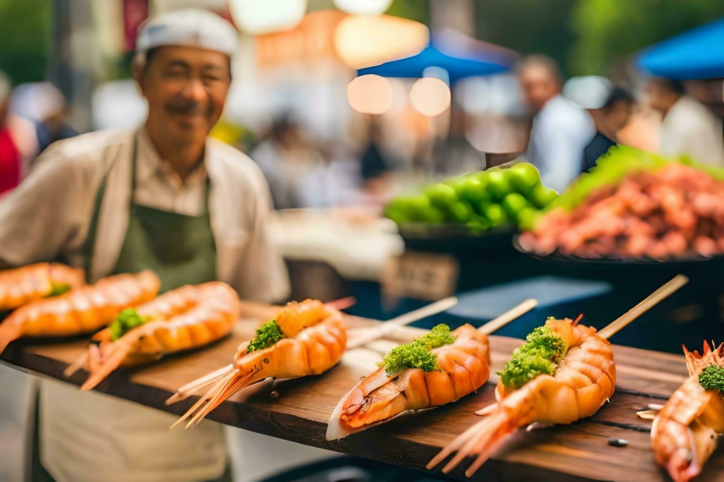 AI generated a man is standing behind a table with shrimp on it. AI-Generated photo