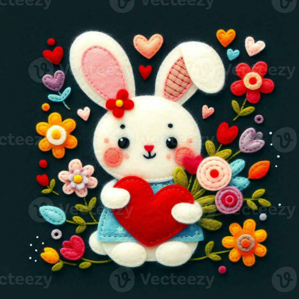 AI generated Cute bunny with heart and flowers. Valentine card with romantic animal in felt art patchwork quilt, colorful expressionist style photo