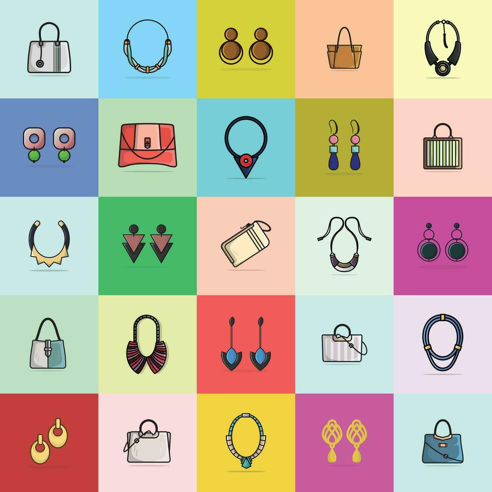 Collection of 25 Beautiful Women Event Earrings, Handbags and Neck Necklaces vector illustration. Beauty fashion objects icon concept. Set of women fashion jewelry accessories vector design.