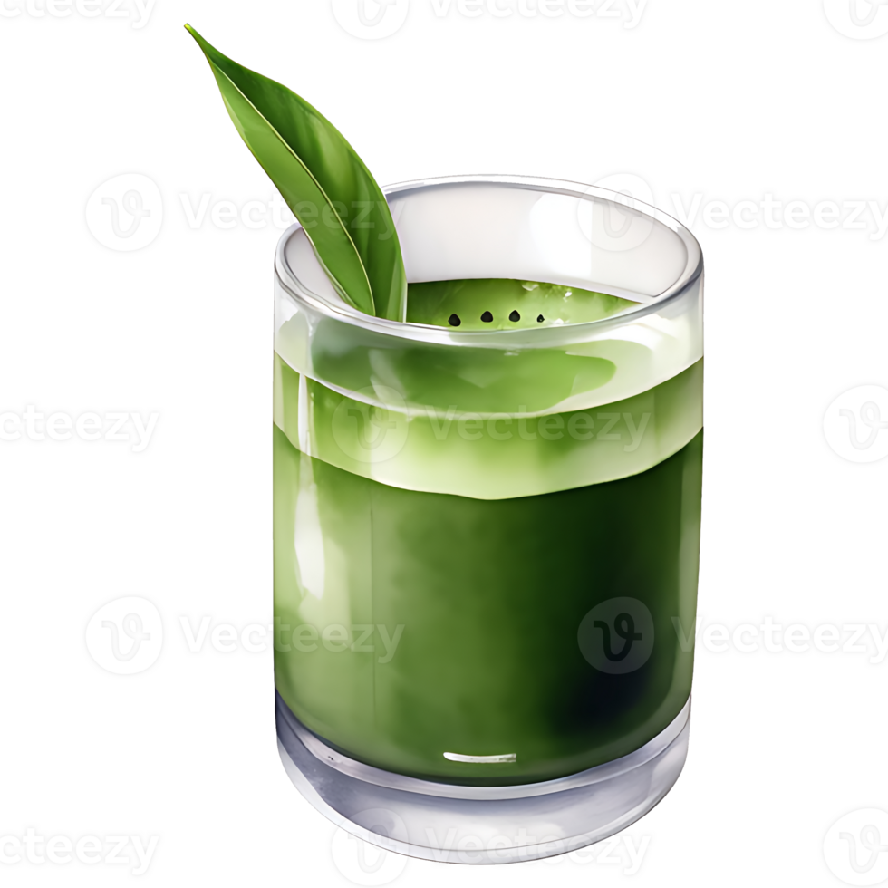 AI generated Matcha green tea leaf, PNG file, green juice in a glass with a leaf on top