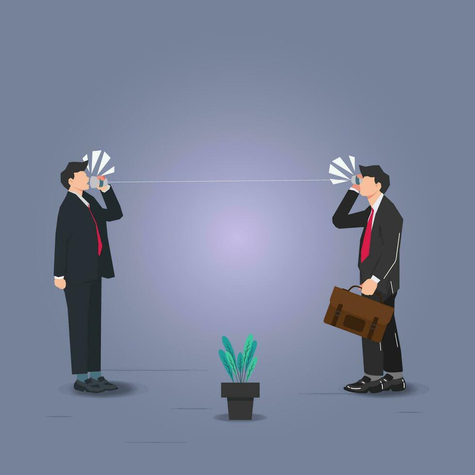 Two businessmen communicating with paper cups vector illustration