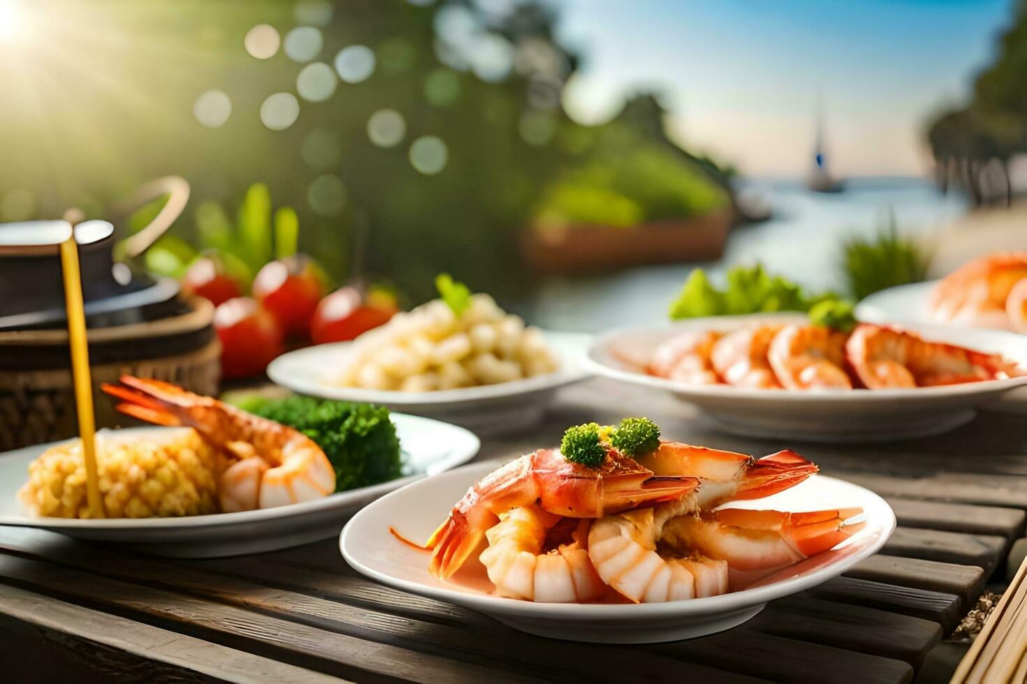 AI generated plates of shrimp and vegetables on a table. AI-Generated photo