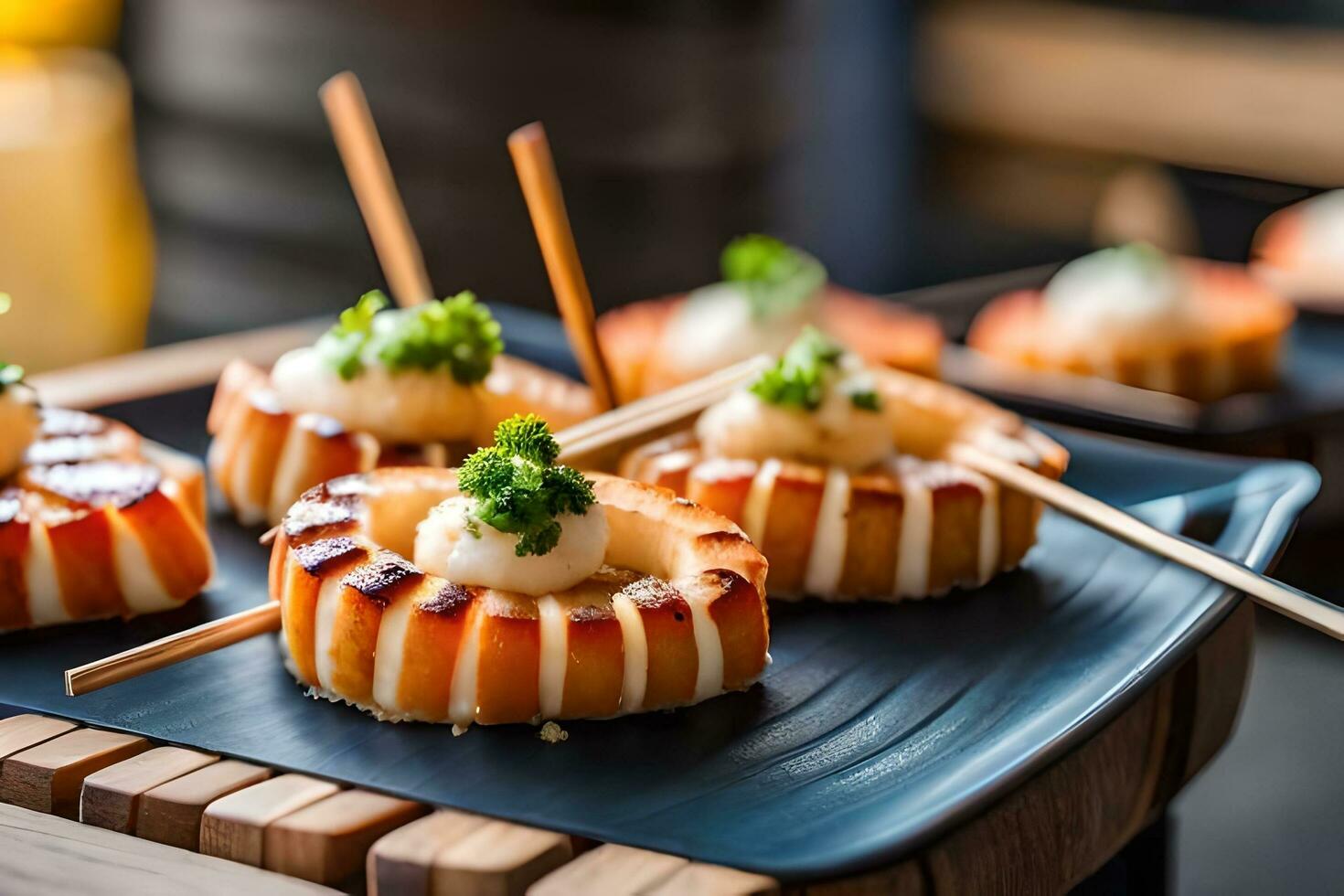 ai generado pequeño aperitivos en un de madera bandeja con palillos de dientes generado por ai foto