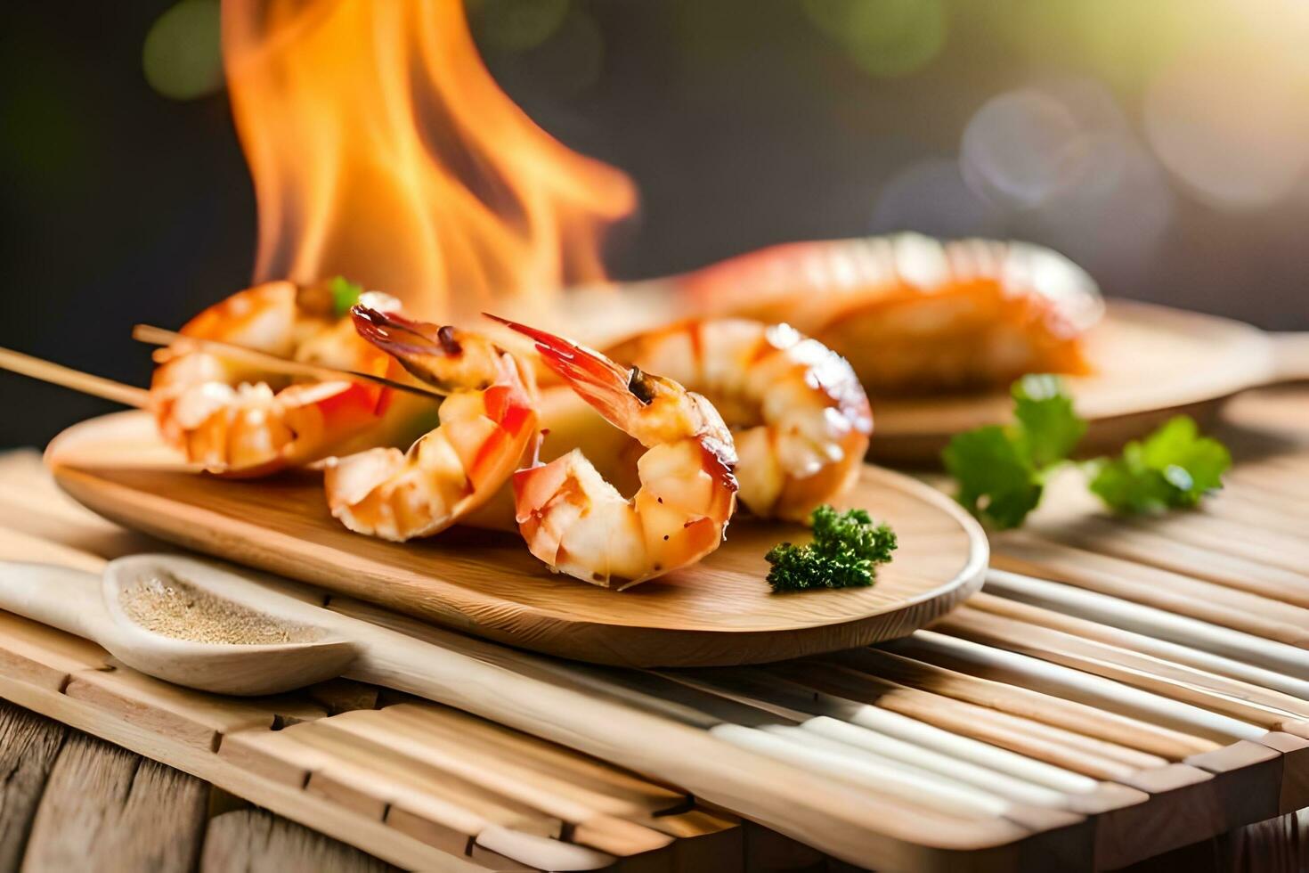 AI generated grilled shrimp on wooden skewers with fire. AI-Generated photo