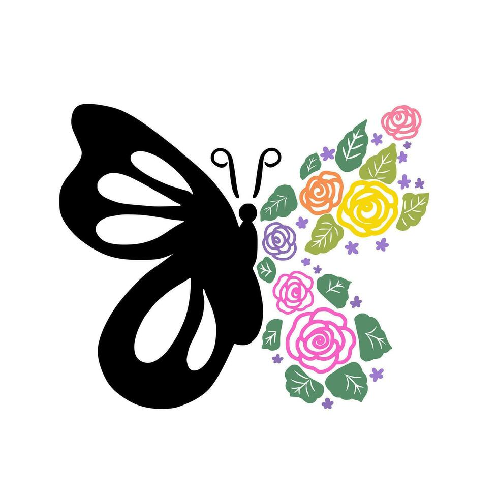 Flower Butterfly With Colorful Roses. Butterfly Half Floral Vector Illustration