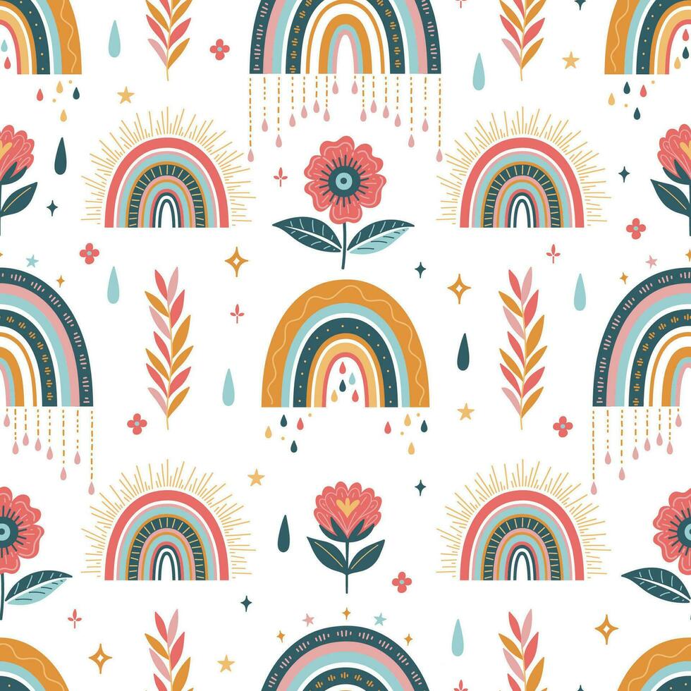 Seamless pattern in boho style with rainbows and flowers. Vector graphics.