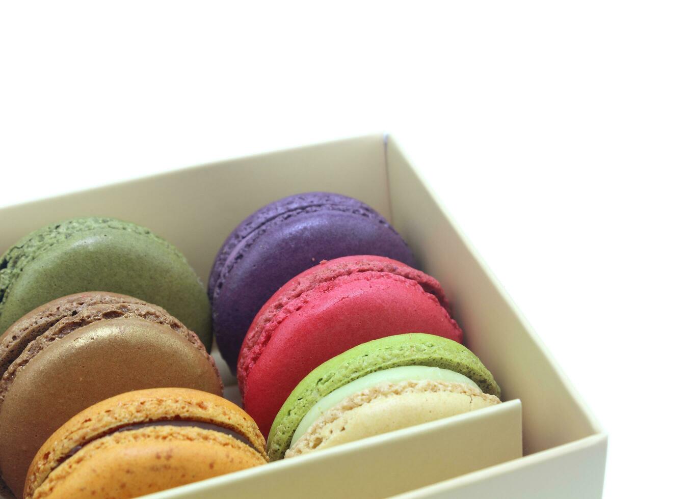 Tasty colorful macaroon in box paper on white background photo