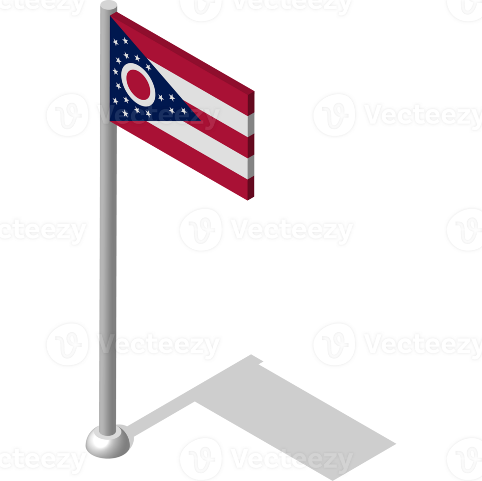 Isometric flag of american state of OHIO in static position on flagpole. National banner of country in static, even position. PNG image on transparent background