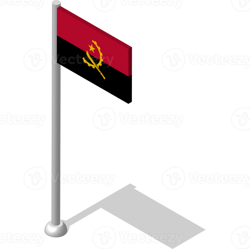 Isometric flag of ANGOLA in static position on flagpole. National banner of country in static, even position. PNG image on transparent background