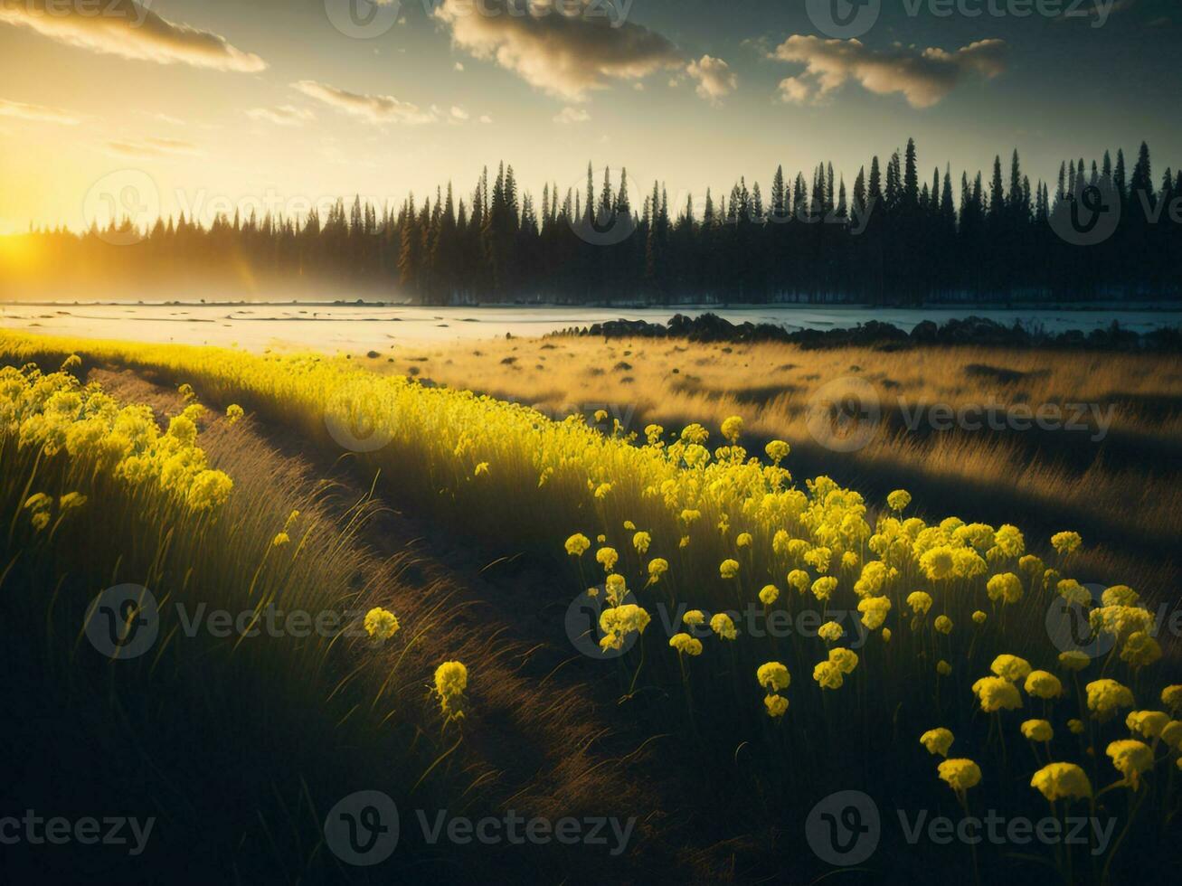 AI generated Glowing Fields of Winter Soft Focus Sunset Meadow with Yellow Flowers Nature's Embrace. A Symphony of Colors Warm Winter Sunset Meadow with Abstract Soft Focus Nature Harmony. photo